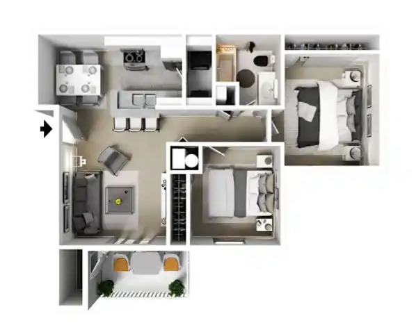 2 Bed 1.0 Bath Floor Plan